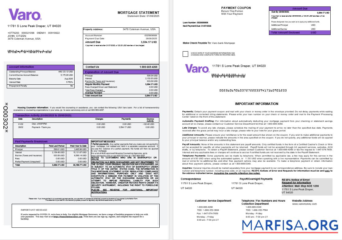 Downloadable USA Varo bank mortgage statement in Word and PDF formats 1 2 template